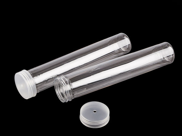 Tub din plastic transparent pentru depozitare cu capac înfiletat și orificiu de agățare - Deschidere de 30 mm