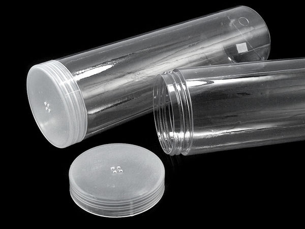 Recipient tubular din plastic transparent pentru galanterie și lucru manual - Ø54 mm