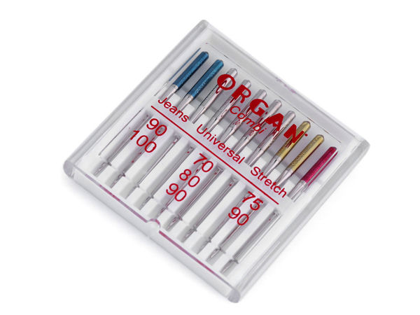 Set mixt de ace premium pentru mașina de cusut Organ - Universal, Jeans și Stretch (Mărimi 70-100, finisaj nichelat)
