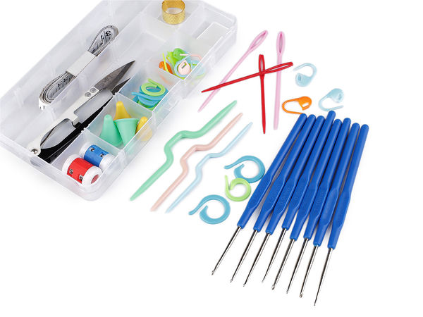 Set premium de croșete și accesorii cu cutie organizatoare reglabilă - 8 croșete metalice fine (0,6 mm - 1,75 mm) și instrumente esențiale pentru tricotat