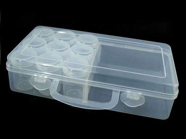 Cutie din plastic transparent pentru depozitare și lucru manual cu 9 borcănașe cu filet (13x26x6 cm) – Organizator versatil pentru mărgele și bijuterii