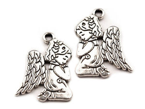 Pandantiv metalic premium cu două fețe, model îngeraș heruvim (17x20mm) - Platină cu patină