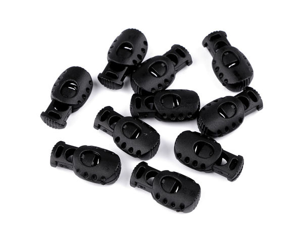 Opritoare cu arc din plastic negru pentru șnur - Blocatoare rezistente pentru hanorace, jachete și genți (15 x 27 mm)