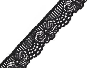 Bandă din dantelă elastică premium cu model floral, lățime 30 mm - Negru