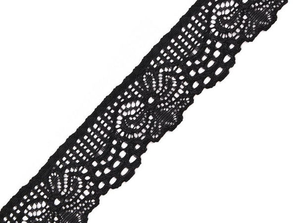 Bandă din dantelă elastică premium cu model floral, lățime 30 mm - Negru