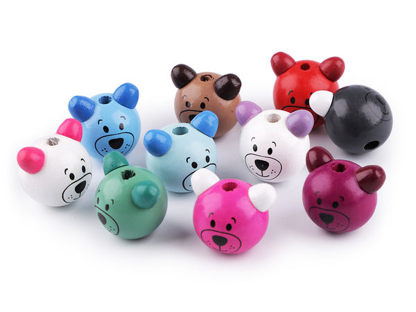 Mărgele premium din lemn în formă de cap de urs (24 mm) - mărgele colorate asortate pentru bijuterii, brelocuri și accesorii DIY