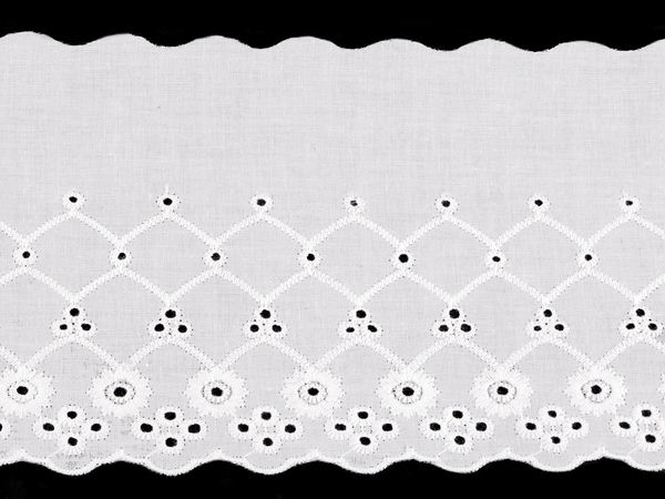 Dantelă Broderie Anglaise Madeira din bumbac premium - Panglică cu bordură brodată festonată și găurele, lățime 12 cm, alb-murdar