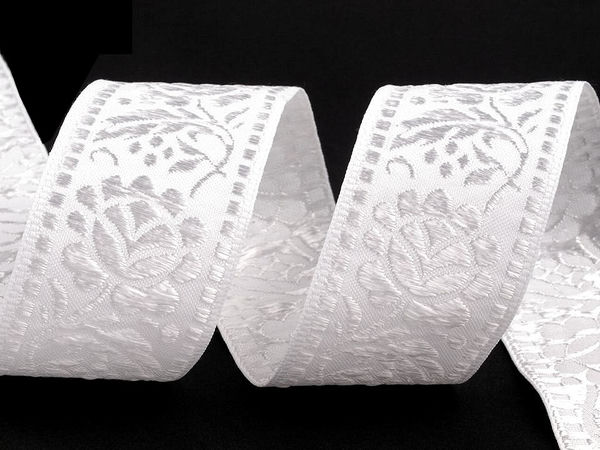 Panglică decorativă premium din jacquard țesut cu model floral (lățime 40 mm) – Dantelă albă elegantă de galanterie pentru croitorie, păturici de bebeluși și proiecte creative
