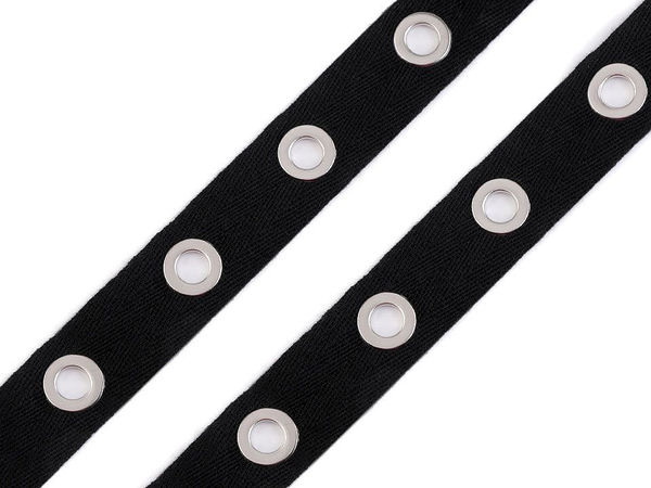 Bandă premium de galanterie cu ocheți metalici - lățime 24 mm, finisaj nichel negru
