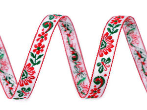Panglică populară jacquard premium cu motiv floral roșu - Panglică țesută de 10 mm pentru costume și pasmanterie