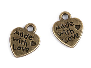 Pandantive metalice cu două fețe în formă de inimă (10x12mm) - Talismane cu mesajele 'Made with Love' și 'Time with Love' pentru creații handmade