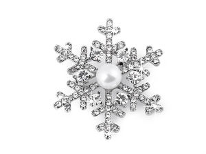 Broșă elegantă în formă de fulg de nea cu strasuri și perlă - Broșă festivă platină cristal