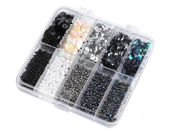 Set organizator de lux cu mărgele de nisip și paiete - Sortiment cu 10 compartimente pentru decorarea costumelor, broderie și scrapbooking