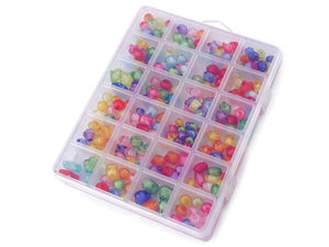 Set mărgele acrilice transparente cu forme diverse, în cutie organizatoare cu 24 de compartimente (aprox. 220 bucăți)