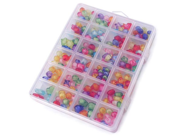 Set mărgele acrilice transparente cu forme diverse, în cutie organizatoare cu 24 de compartimente (aprox. 220 bucăți)