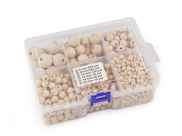Set premium de mărgele din lemn natur în cutie de depozitare cu 6 compartimente - 1100 de piese, dimensiuni asortate între 6 și 20 mm pentru macrame, confecționarea de bijuterii și proiecte de lucru manual