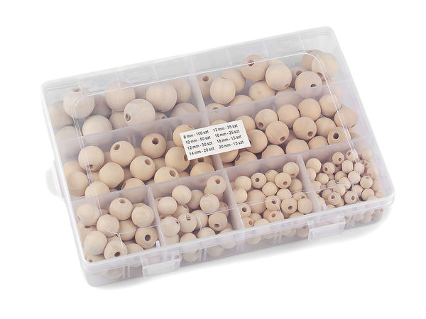 Set premium de mărgele din lemn natural în cutie organizatoare - 288 de piese, dimensiuni asortate (8mm - 20mm) pentru macrame, prinzătoare de vise și confecționarea de bijuterii
