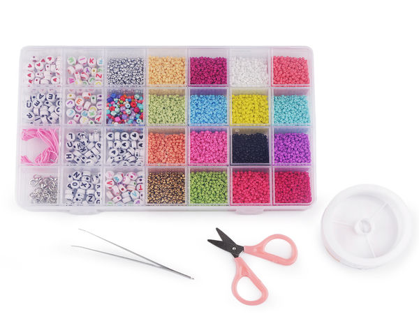 Set de creație bijuterii și mărgelit DIY cu instrumente - Organizator cu 28 de compartimente cu mix de mărgele pentru brățări și coliere