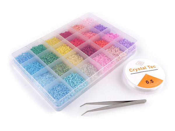 Trusă premium cu 24 de compartimente de mărgele de nisip din sticlă - Set complet pentru crearea de bijuterii handmade, cu pensetă și fir elastic din silicon