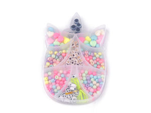 Set mărgele pentru confecționare bijuterii DIY cu fir elastic și cutie organizatoare - Unicorn, ursuleț și scoică