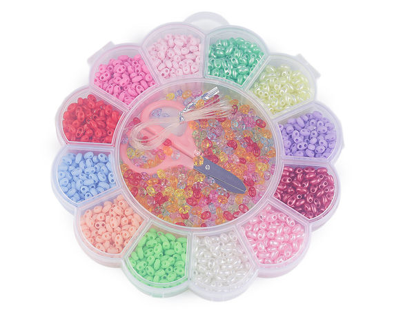 Set premium de mărgele din plastic cu două orificii pentru galanterie - Culori asortate în cutie organizatoare în formă de floare, cu fir elastic și foarfecă