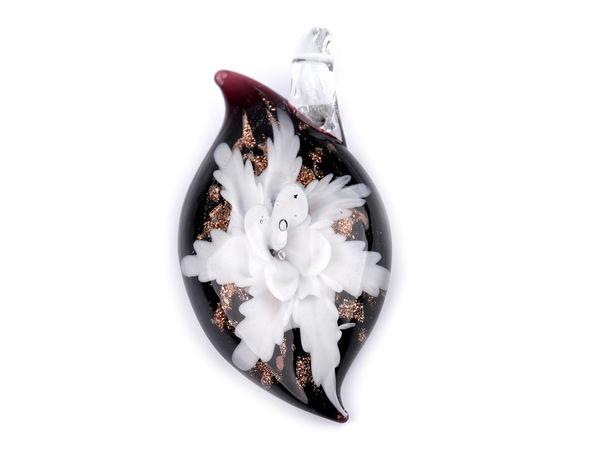 Pandantiv din sticlă lucrat manual - Medalion floral 27x51 mm pentru coliere și creație de bijuterii