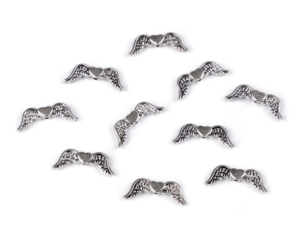 Mărgele distanțiere metalice în formă de aripi de înger cu inimă, de culoare platină - Pandantive cu două fețe, 7x20mm, pentru confecționarea de bijuterii, lucru manual și galanterie
