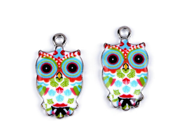 Talisman pandantiv metalic și cheiță de fermoar cu email, bufniță - 13x23 mm