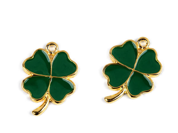 Pandantiv talisman metalic emailat în formă de trifoi cu patru foi & cursor de fermoar (17x23mm) - Verde