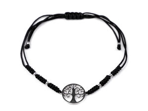 Brățară Shamballa cu talisman Copacul Vieții - Brățară reglabilă din șnur și oțel inoxidabil super-lucios, Negru