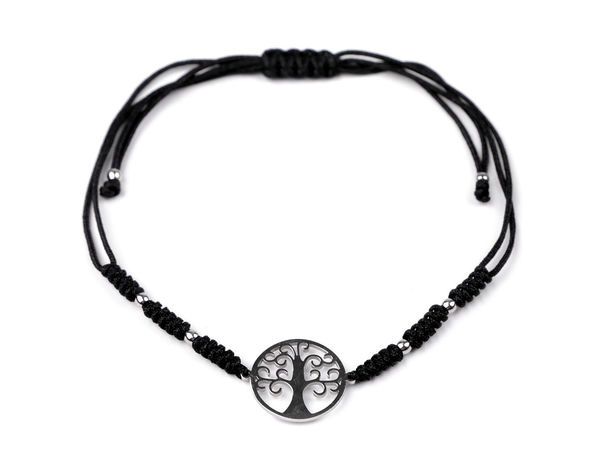Brățară Shamballa cu talisman Copacul Vieții - Brățară reglabilă din șnur și oțel inoxidabil super-lucios, Negru