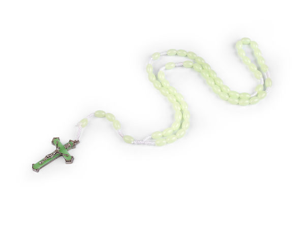 Colier rozariu premium din mărgele fosforescente cu crucifix metalic