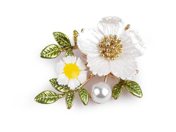 Broșă florală elegantă din email cu accent de mărgică tip perlă
