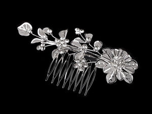 Pieptene de păr elegant cu flori și crenguțe din strasuri - Accesoriu premium cu cristale pentru mirese și coafuri de ocazie