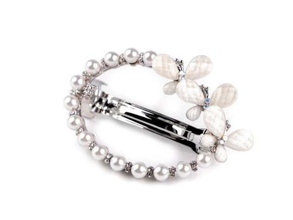 Clemă de păr franțuzească elegantă cu fluture, perle și strasuri - Accesoriu de păr premium din metal cu clips
