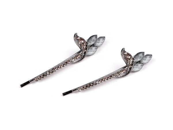 Clame de păr premium cu strasuri - Ace de păr elegante din metal cu pietre fațetate strălucitoare, accesorii de păr pentru ocazii festive și purtare zilnică (Gri-albastru, set de 2)