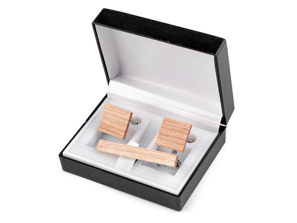 Set de butoni din lemn și ac de cravată, lucrate manual, în cutie de cadou premium