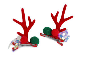Clame de păr de Crăciun cu coarne de ren și pompoane festive - Agrafe de sărbători îmbrăcate în piele întoarsă (Roșu)