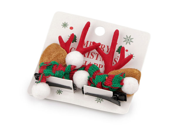 Clame de păr festive de Crăciun cu coarne de ren - Agrafe premium pentru sărbători cu coarne din imitație de piele întoarsă și detalii de fular tricotat