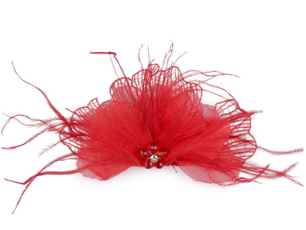 Broșă elegantă statement din organza și pene - Pin de modă de lux în formă de semiarc, cu mărgele din sticlă