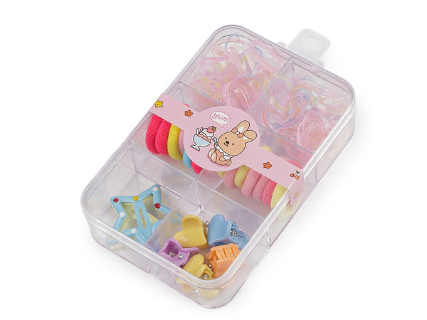 Set cadou mini accesorii de păr pentru copii – Elastice colorate, mini cleștișori și agrafe clic-clac cu steluțe, cu cutie organizatoare cu 6 compartimente