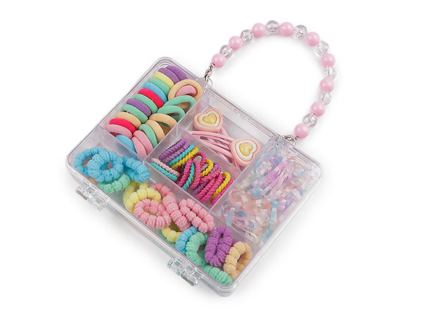 Set cadou organizator accesorii de păr pentru copii - Cutie cu mini elastice, agrafe și clame de păr