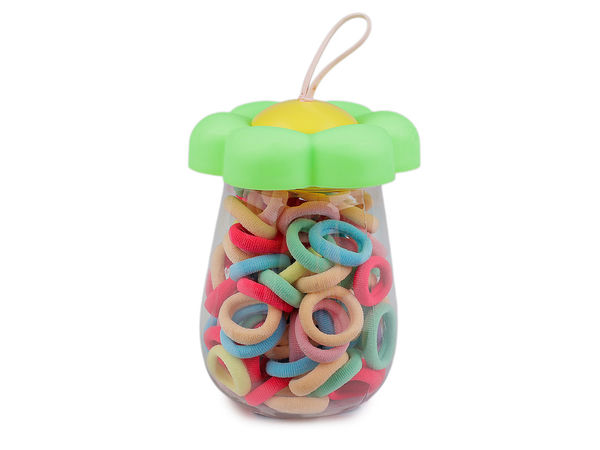 Set premium de mini elastice pentru păr în flacon compact de depozitare | 90 de bucăți benzi textile asortate