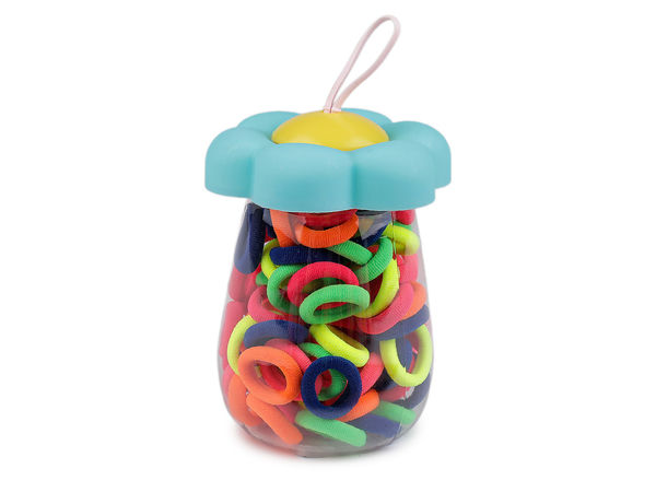 Set premium de mini elastice pentru păr în flacon compact de depozitare | 90 de bucăți benzi textile asortate