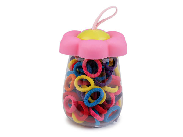Set premium de mini elastice pentru păr în flacon compact de depozitare | 90 de bucăți benzi textile asortate