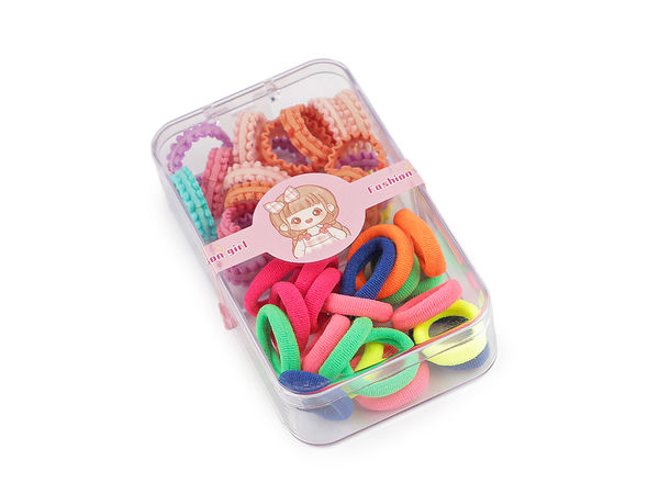 Set premium de elastice mici de păr în cutie organizatoare transparentă - Accesorii asortate din silicon și material textil