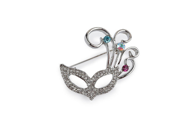 Broșă metalică cu ștrasuri fațetate - Mască elegantă și poante de balet