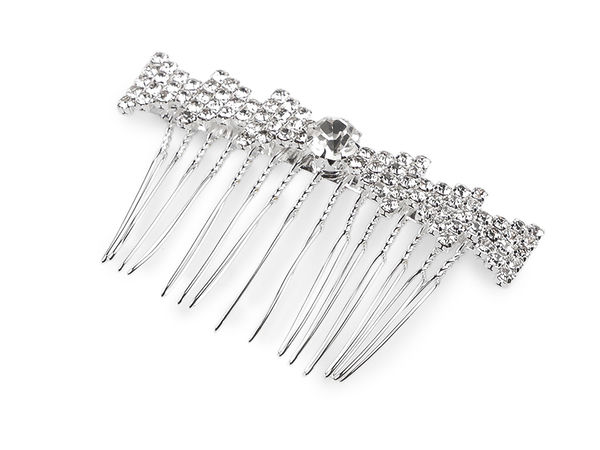 Pieptene metalic curbat pentru păr, elegant, cu strasuri din cristal - dinți flexibili pentru coafuri prinse