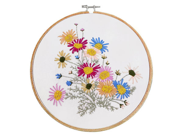 Set premium DIY de broderie și punct de cruce - Pânză florală preimprimată cu fire mouline și gherghef din bambus