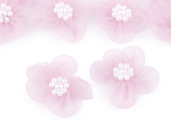 Aplicații florale elegante din organza cu imitație de perle (3-3,5 cm) – Ornamente florale premium pentru proiecte de cusut și lucru manual